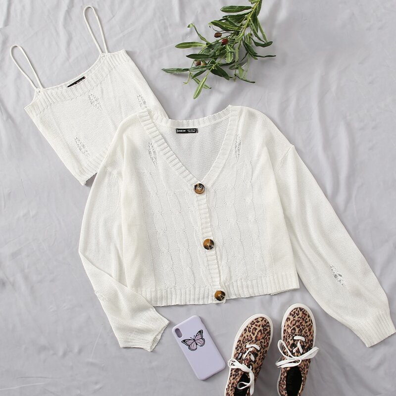 

Button Front Ripped Detail Cardigan With Knit Cami, White