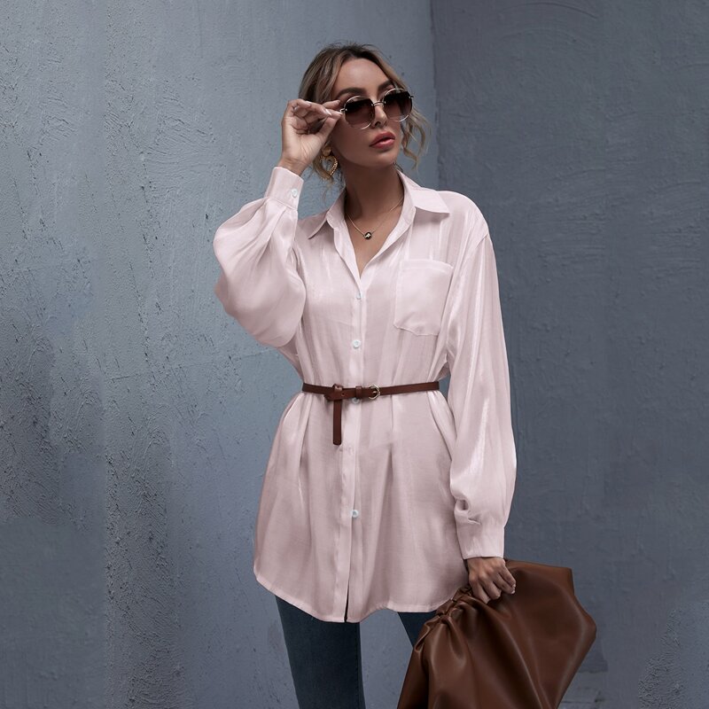 

Patch Pocket Button Front Silky Longline Blouse Without Belt, Baby pink
