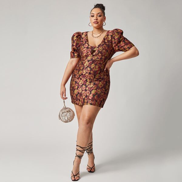 

Plus Puff Sleeve Cut Out Front Jacquard Dress, Multicolor
