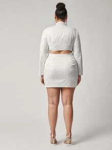 SHEIN Plus Notched Collar Zip Up Jacquard Blazer - White - View 2