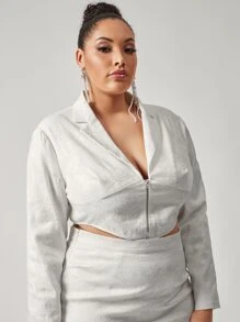 SHEIN Plus Notched Collar Zip Up Jacquard Blazer - White - View 4