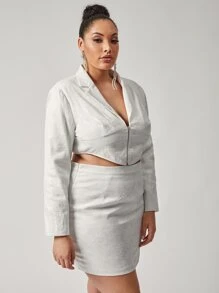 SHEIN Plus Notched Collar Zip Up Jacquard Blazer - White - View 5