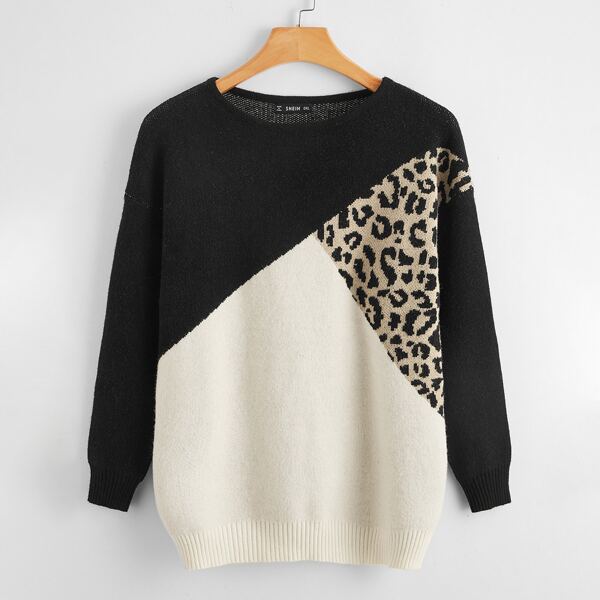 

Plus Leopard Color Block Drop Shoulder Sweater, Multicolor