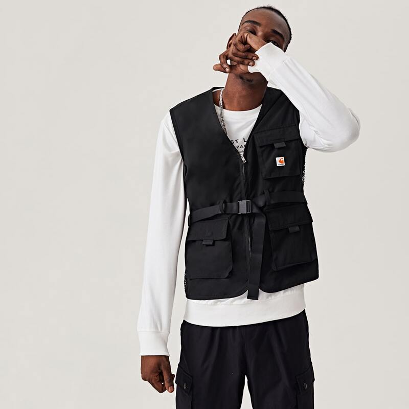 

Guys Fishnet Back Flap Pocket Buckle Belted Vest Jacket, Black