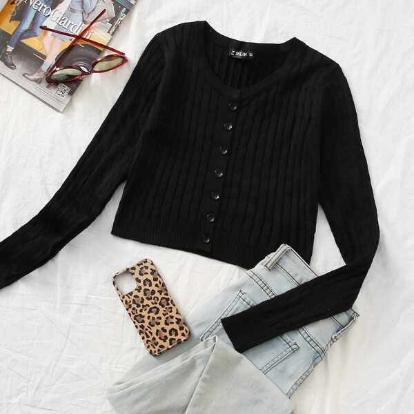 

Button Front Cable Knit Cardigan, Black
