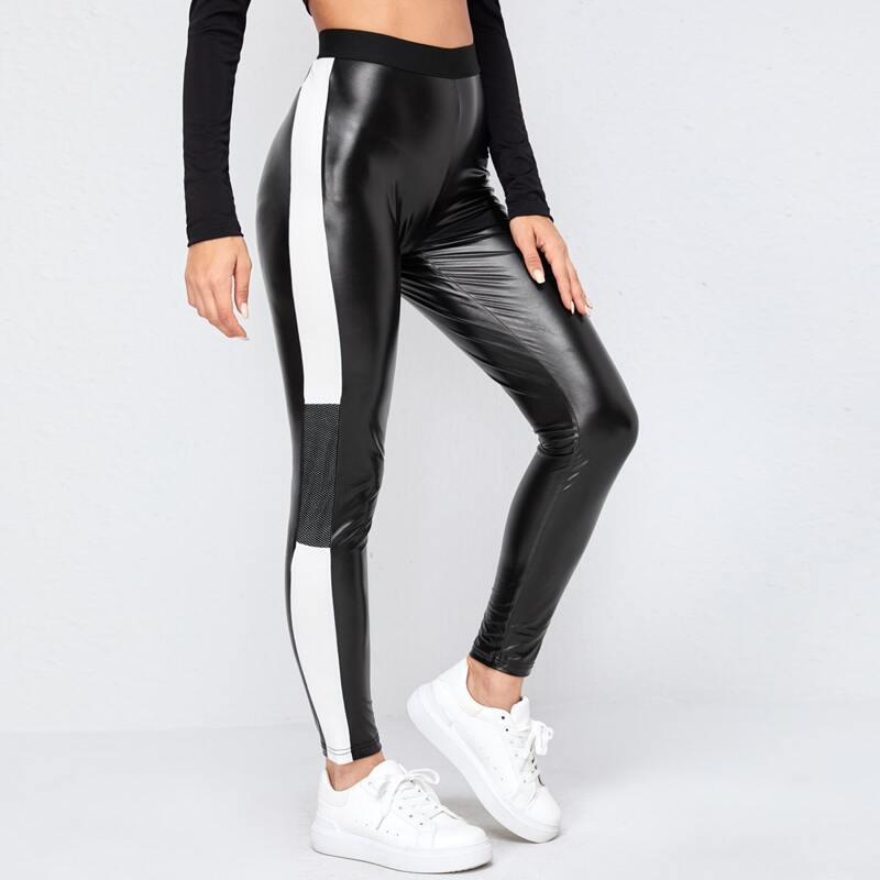 

PU Leather Color-block Leggings, Black