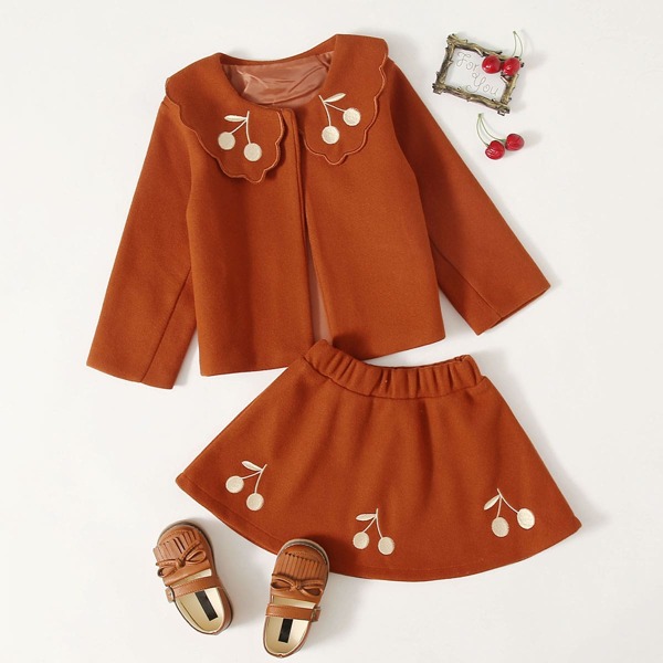 

Toddler Girls Fruits Embroidered Scallop Trim Overcoat & Skirt, Burnt orange