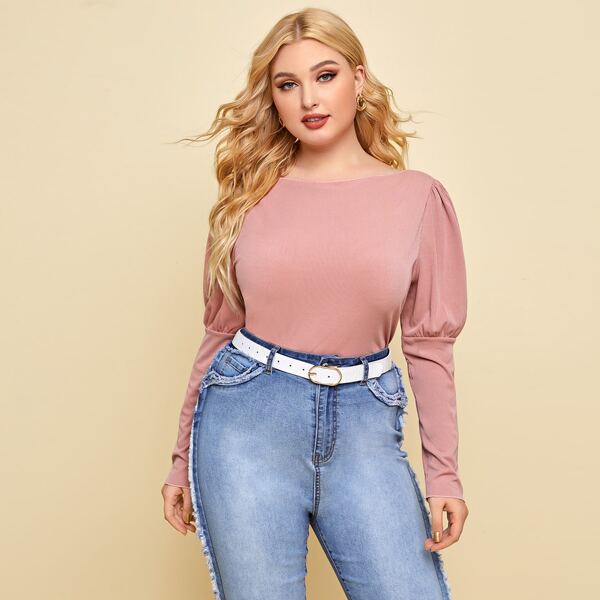 

Plus Leg-of-mutton Sleeve Solid Ribbed Tee, Dusty pink