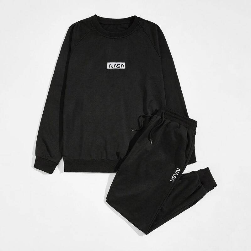 

Guys Letter Embroidery Sweatshirt & Drawstring Sweatpants, Black