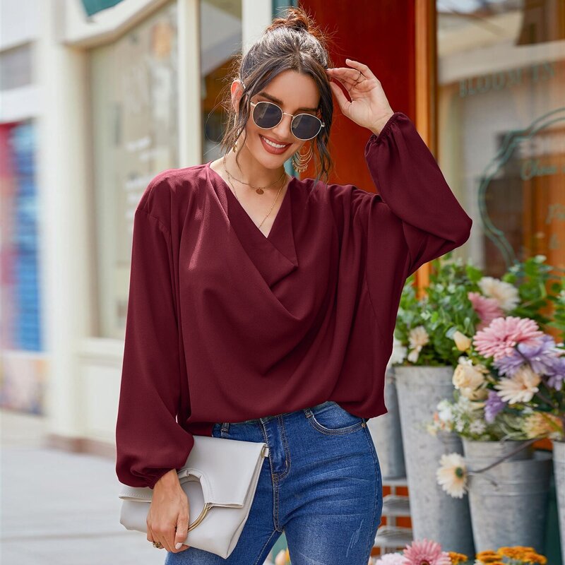 

Draped Front Bishop Sleeve Blouse, Maroon