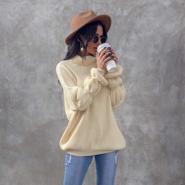 

High Neck Bishop Sleeve Oversized Sweater, Beige