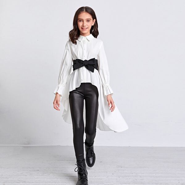 

Girls Button Front Belted High Low Blouse, Black and white