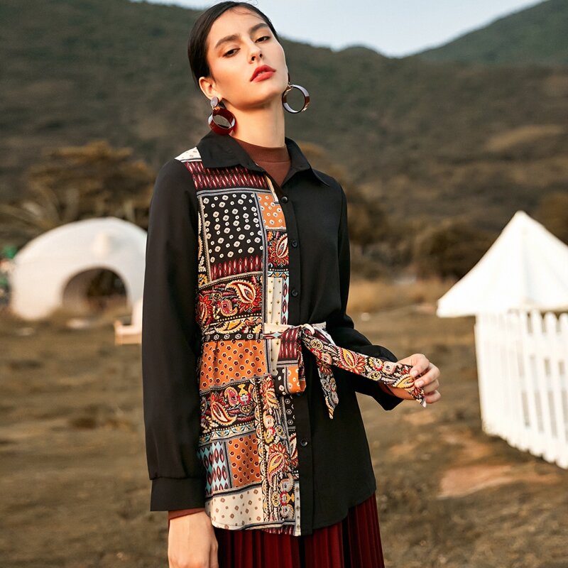 

Paisley Print Belted Blouse, Black