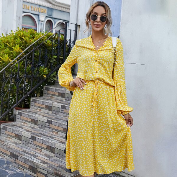 

All Over Print Drawstring Waist Dress, Yellow
