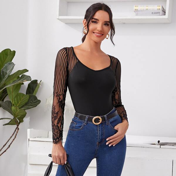 

Contrast Lace Long Sleeve Bodysuit, Black