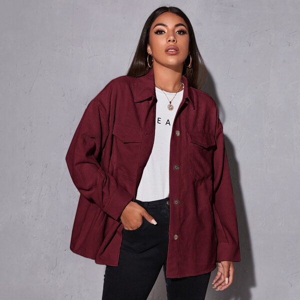 

Flap Pocket Drop Shoulder Cord Coat, Burgundy
