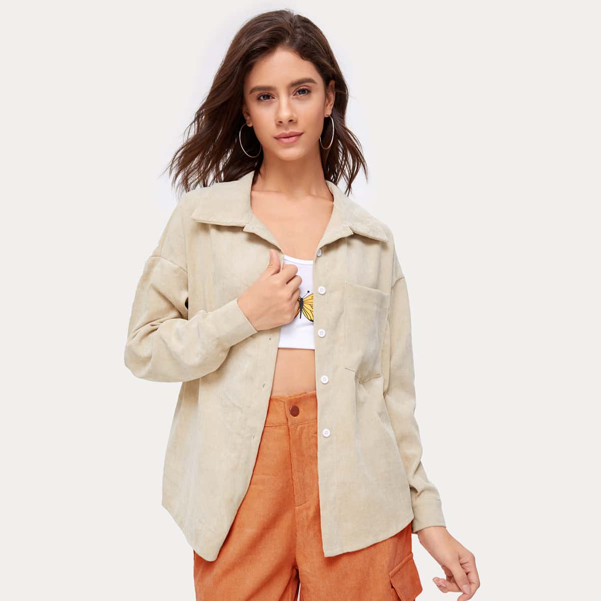 

Solid Corduroy Button Front Outerwear, Beige