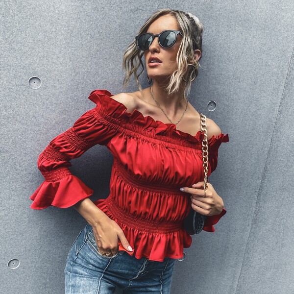 

Bardot Ruffle Trim Shirred Blouse, Red