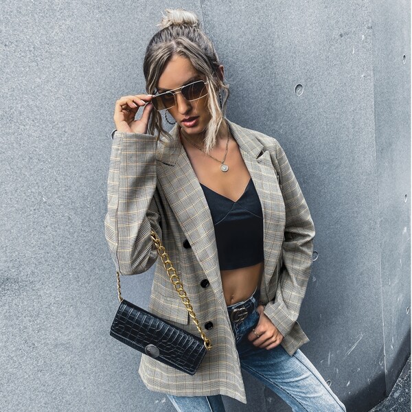 

Plaid Double Breasted Flap Detail Blazer, Grey