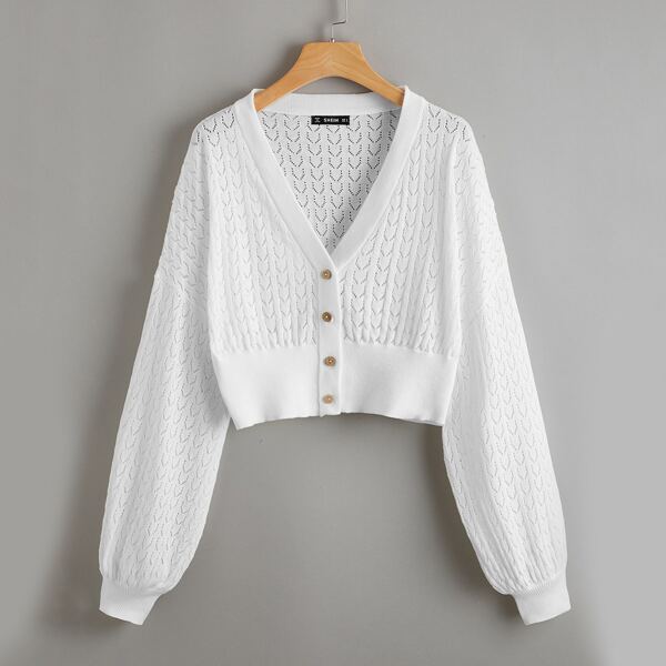 

Lantern Sleeve Pointelle Knit Cardigan, White