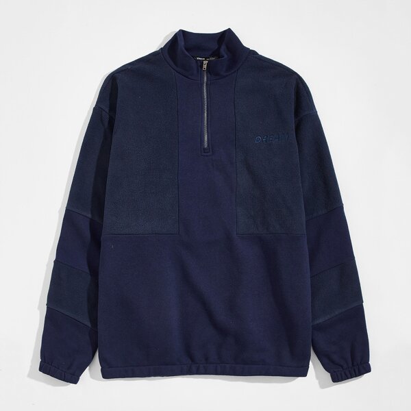 

Men Letter Embroidery Zip Half Placket Pullover, Navy blue