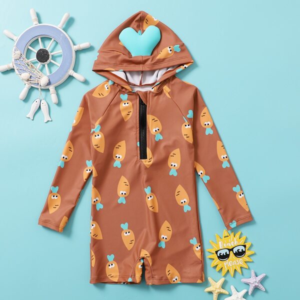 

Toddler Girls Carrot Print Zip-up One Piece Swimsuit, Brown