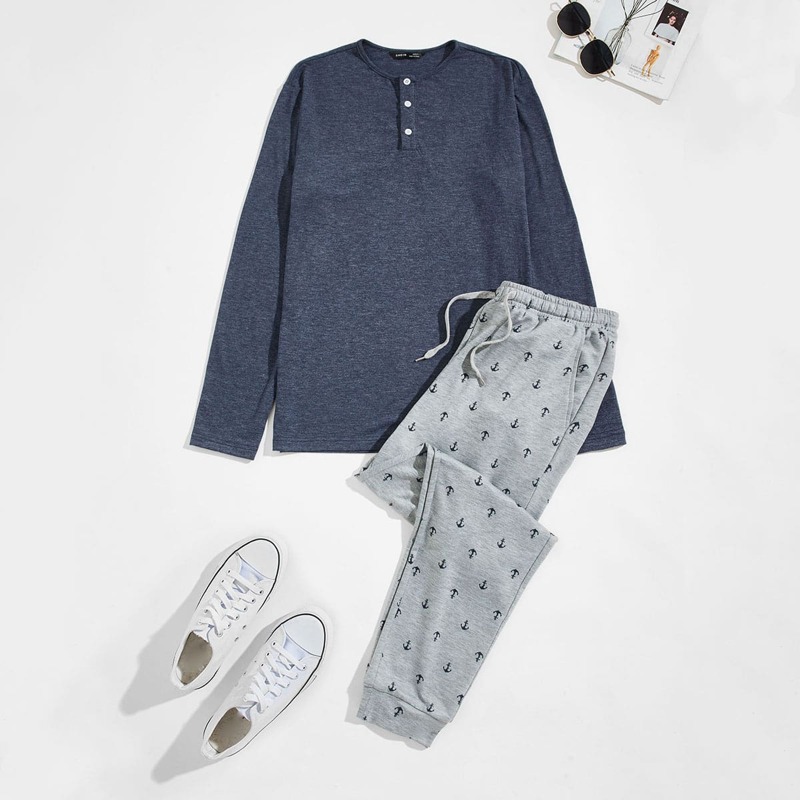 

Guys Button Half Placket Top & Anchor Print Pants PJ Set, Multicolor