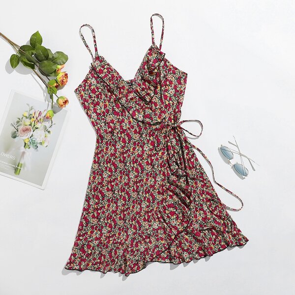 

Ruffle Trim Tie Side Wrap Floral Dress, Multicolor