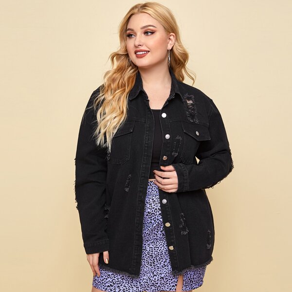 

Plus Drop Shoulder Ripped Raw Hem Denim Jacket, Black