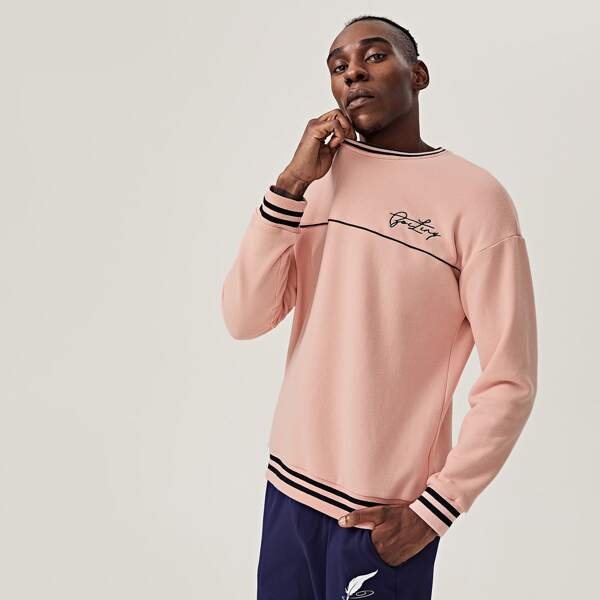 

Men Letter Embroidery Striped Pullover, Dusty pink