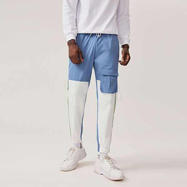 

Men Flap Pocket Front Colorblock Cargo Pants, Blue and white