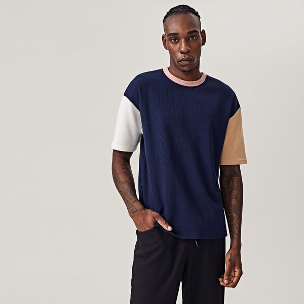 

Men Contrast Collar Colorblock Tee, Navy blue
