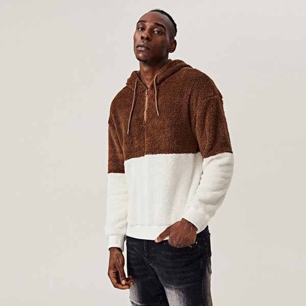 

Men Zip Half Placket Colorblock Teddy Hoodie, Multicolor