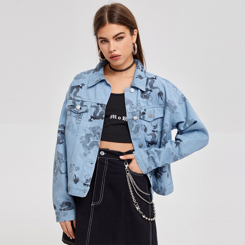 

Chinese Dragon Print Drop Shoulder Denim Jacket, Light wash