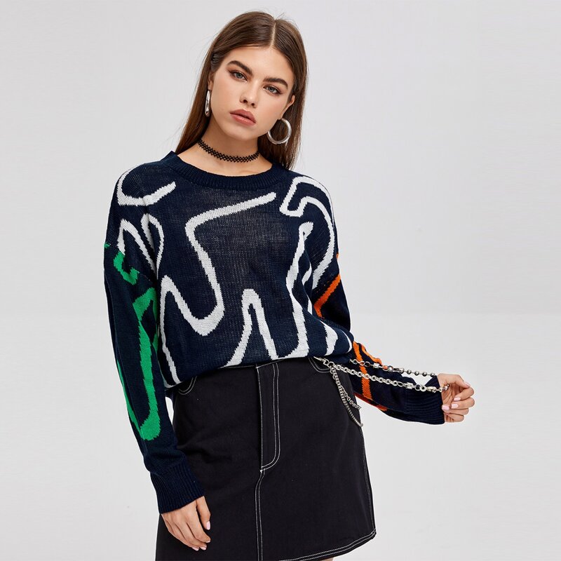

Drop Shoulder Graphic Sweater, Navy blue