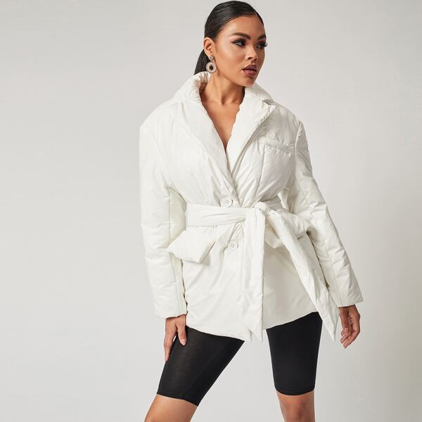 

Lapel Neck Belted Puffer Coat, White