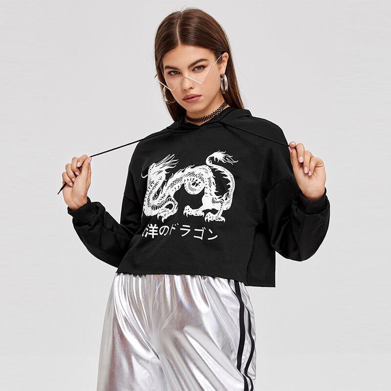 

Chinese Dragon & Japanese Letter Drawstring Hoodie, Black