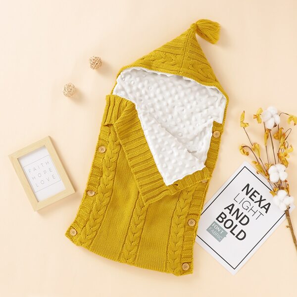 

Baby Unisex Button Detail Hooded Cable Knit Swaddle Sleeping Bag, Mustard yellow