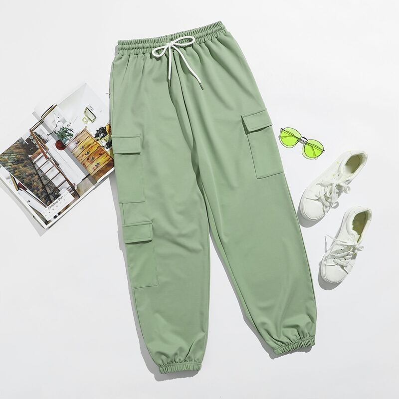 

Drawstring Waist Cargo Pants, Mint green
