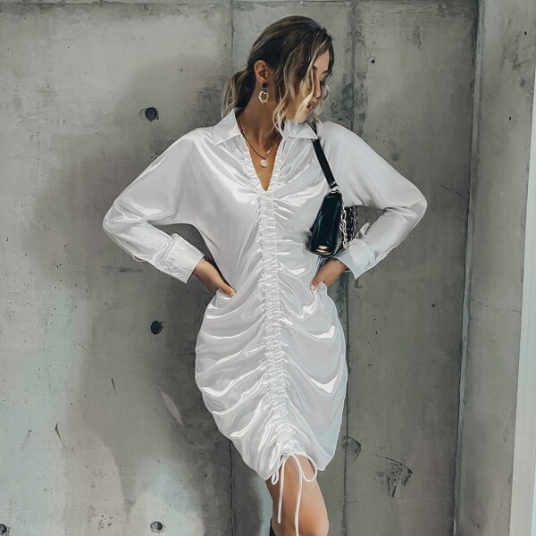 

Drawstring Ruched Front Shirt Fitted Dress, White