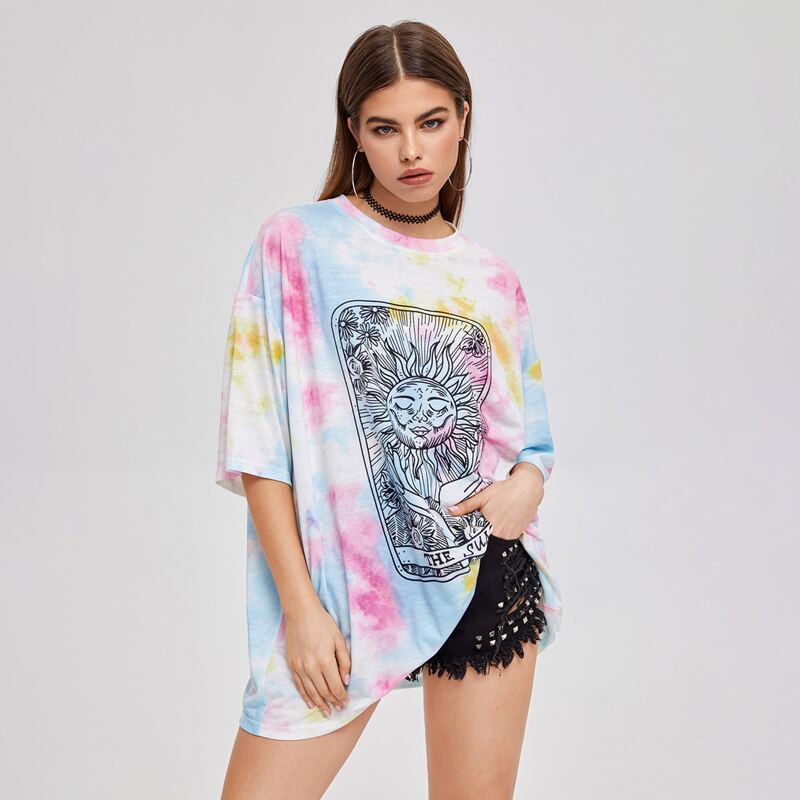 

Sun Graphic & Tie Dye Oversized Tee, Multicolor