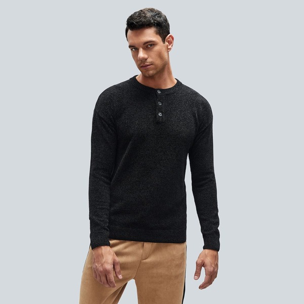 

Men Buttoned Crew Neck Drop Shoulder Sweater, Black