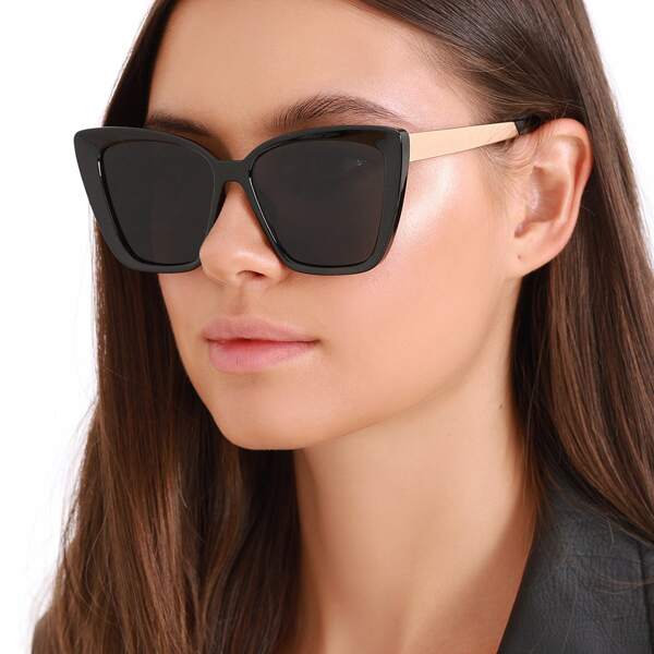 

Large Slight Cat Eye Acrylic Sunglasses, Black
