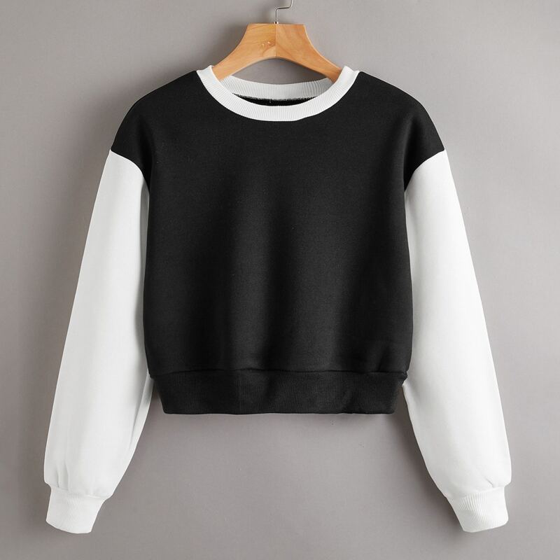 

Two Tone Drop Shoulder Crop Pullover, Black and white