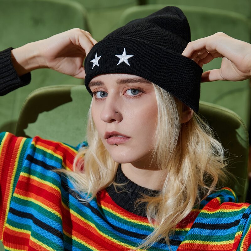 

Star Embroidery Cuffed Beanie, Black