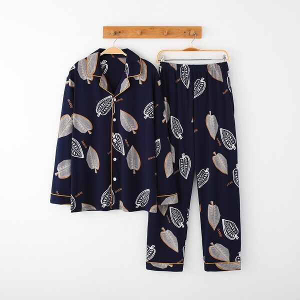 

Men Leaves & Letter Graphic PJ Set, Navy blue
