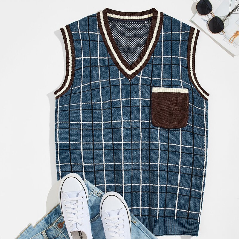 

Guys V-neck Plaid And Striped Sweater Vest, Navy blue