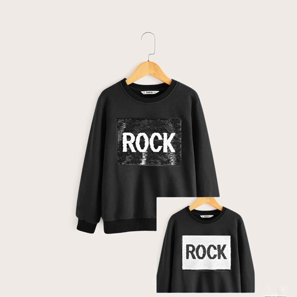 

Boys Letter Graphic Color Change Sequin Patched Pullover, Black