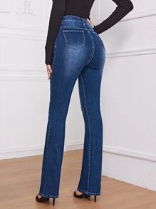 Jeans de pierna amplia de cintura alta - Azul lavado oscuro - Ver 2