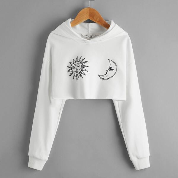 

Girls Sun & Moon Print Drop Shoulder Hoodie, White